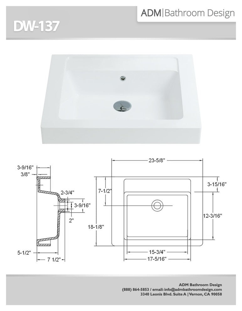 ADM Rectangular Countertop Stone Resin Sink, White, 24", Matte White