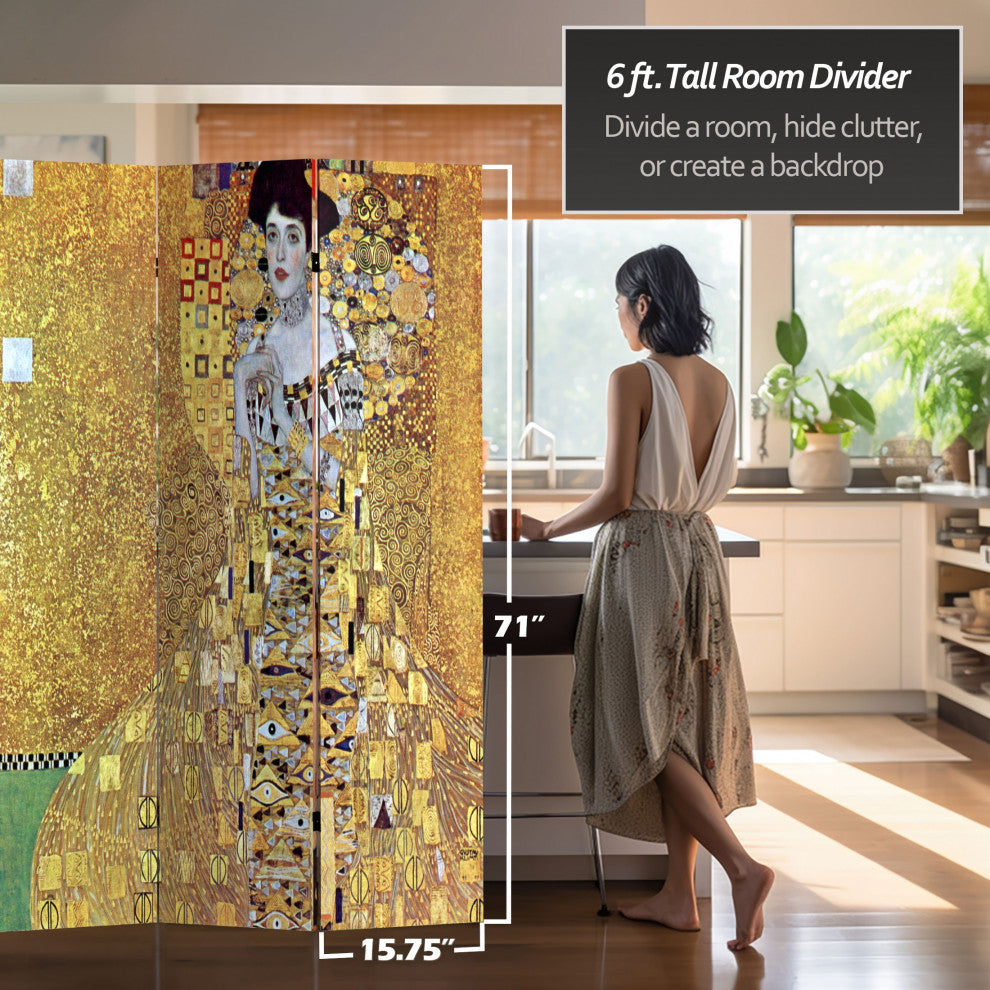 6' Double Sided Works of Klimt Room Divider, Block Bauer/Three Ages of Woman