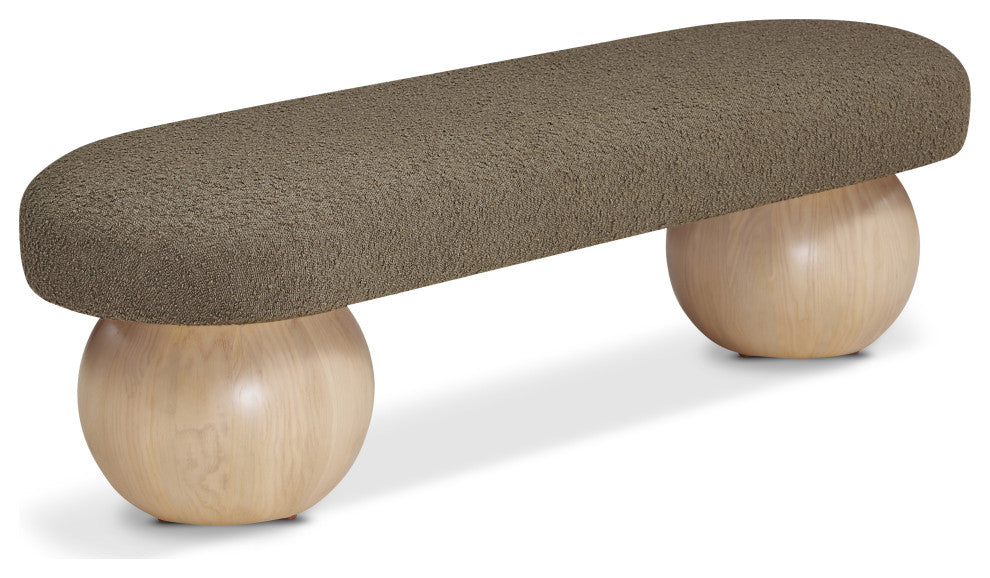 Meridian Furniture Bowie Boucle Fabric Upholstered Bench, Olive, Natural Finish