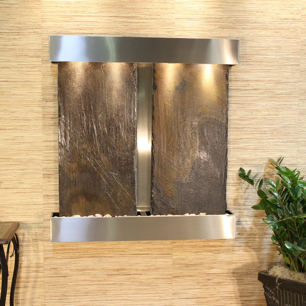 Aspen Falls Water Fountain, Multi-Color Slate, Stainless Steel, Square