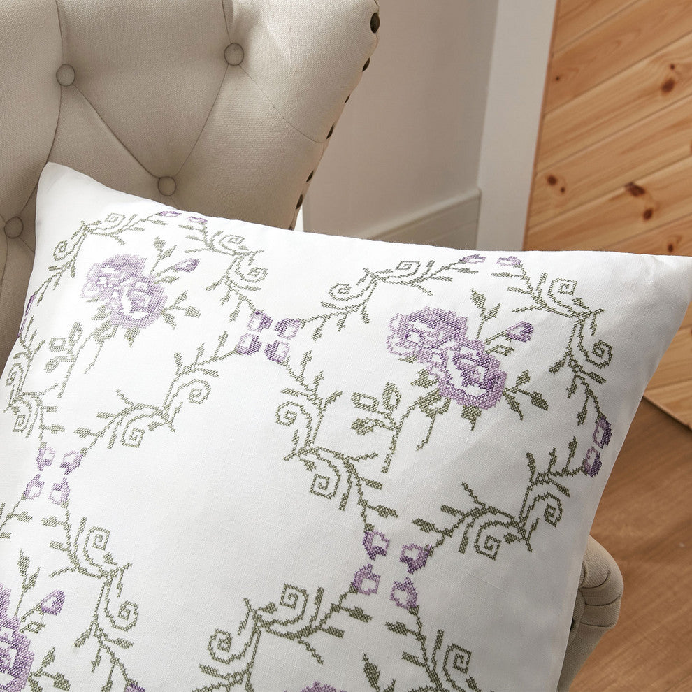 Rose Embroidery 2 Piece Pillow Cover Set, 26" X 26", Lilac