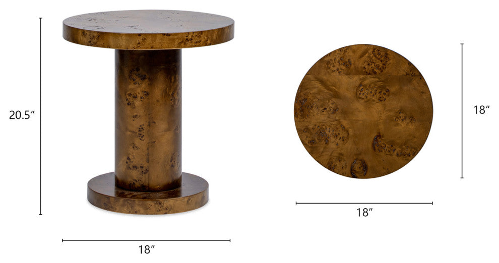 Bolin 18" Dark Walnut Brown Burl Wood Round Pillar Side Table