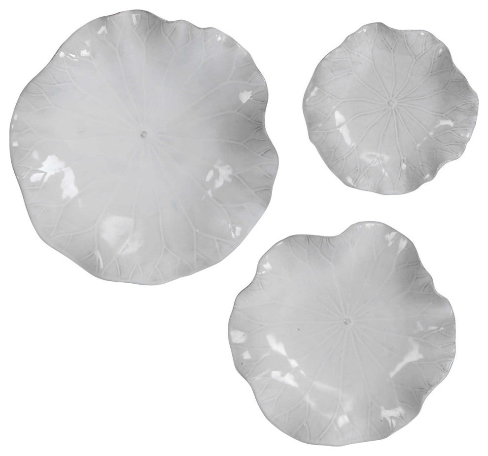 Gloss White Lily Pad Wall Art Flower Sculpture Round Leaf Hanging, 3-Piece Set