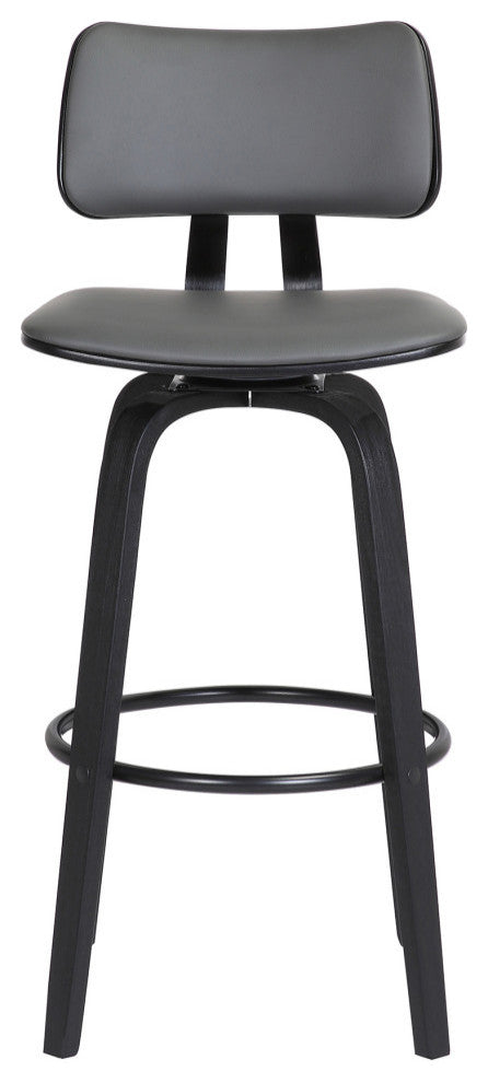 Pico 26" Swivel Black Wood Counter Stool in Gray Faux Leather with Black Metal, 30