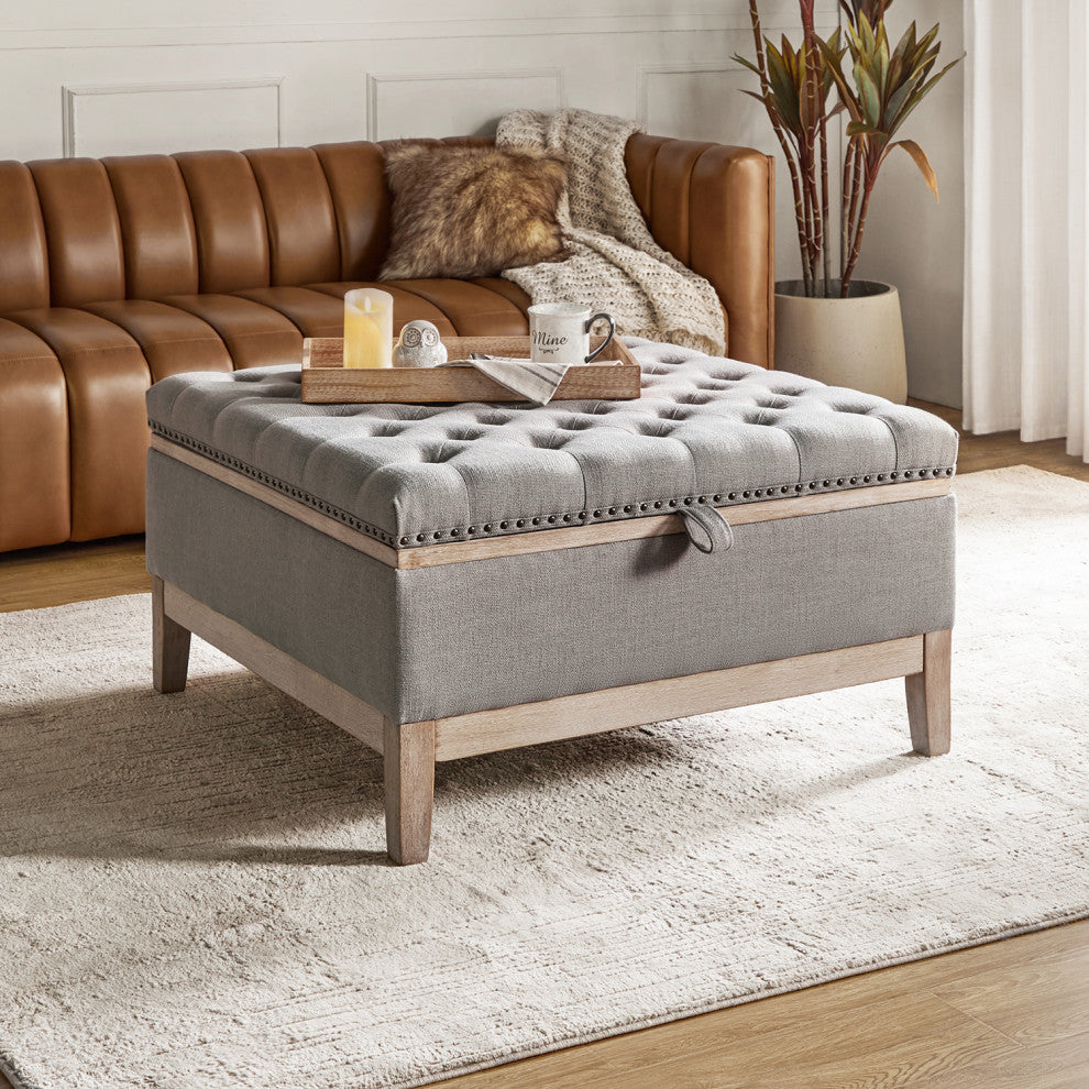 Upholstered Storage Cocktail Ottoman With Solid Wood Legs, Gray