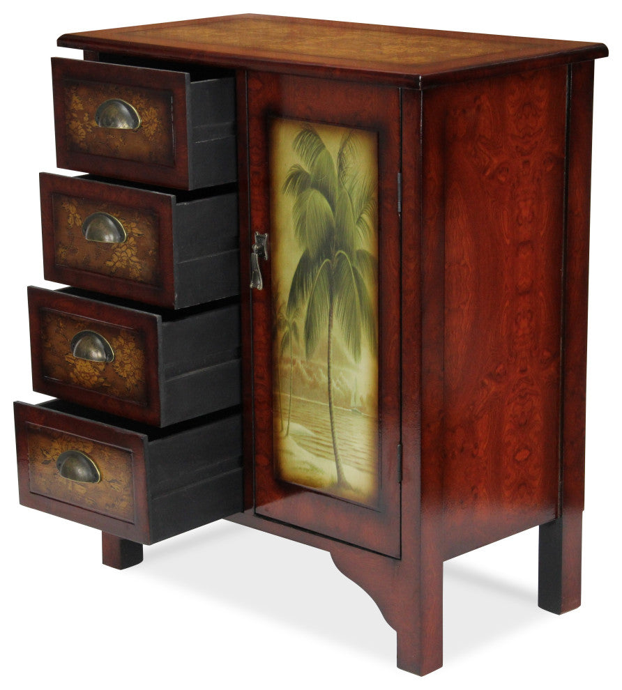 Wooden Cabinet With 4-Drawers, 1-Door, Burlwood Veneer