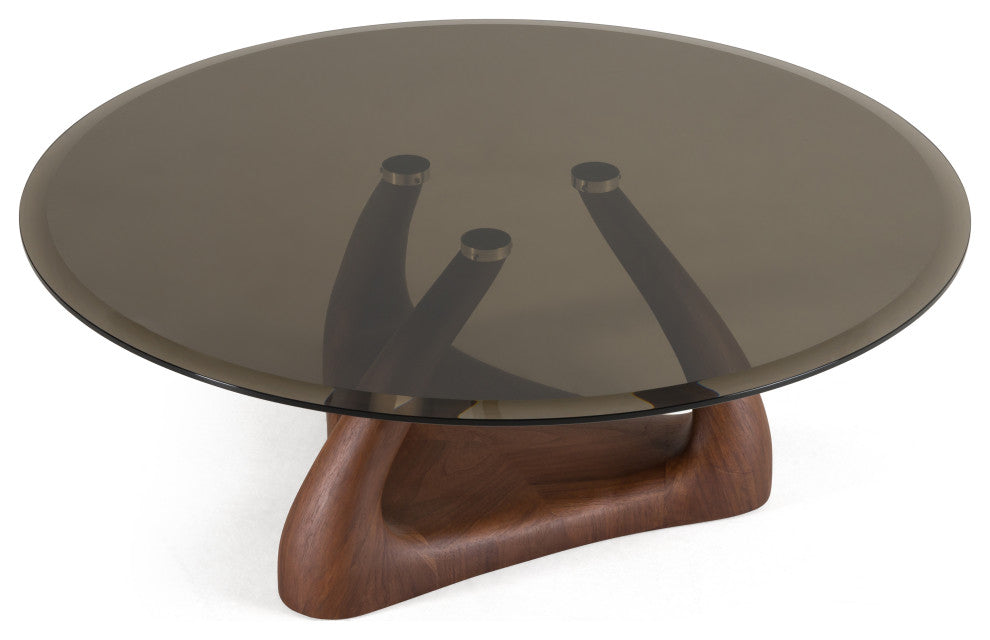 Modrest Christy Mid-Century Modern Grey Glass, Walnut Round Coffee Table