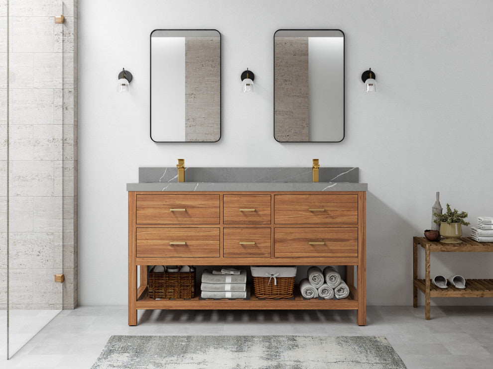 Parker Teak 60" Double Sink Vanity, Golden Teak, 2" Piatra Gray Quartz