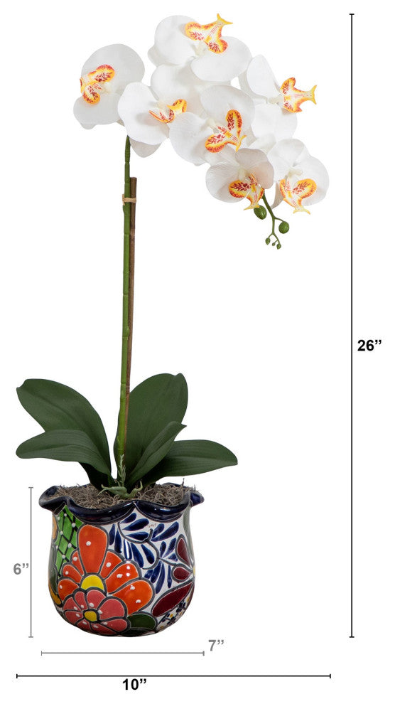 26" Artificial Orchid Arrangement, Handmade Mexican Talavera Ceramic Planter
