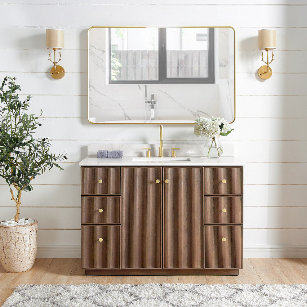 Oza Bath Vanity with Quartz Stone Top, Aged Dark Brown Oak, 48", Single Vanity, With Mirror