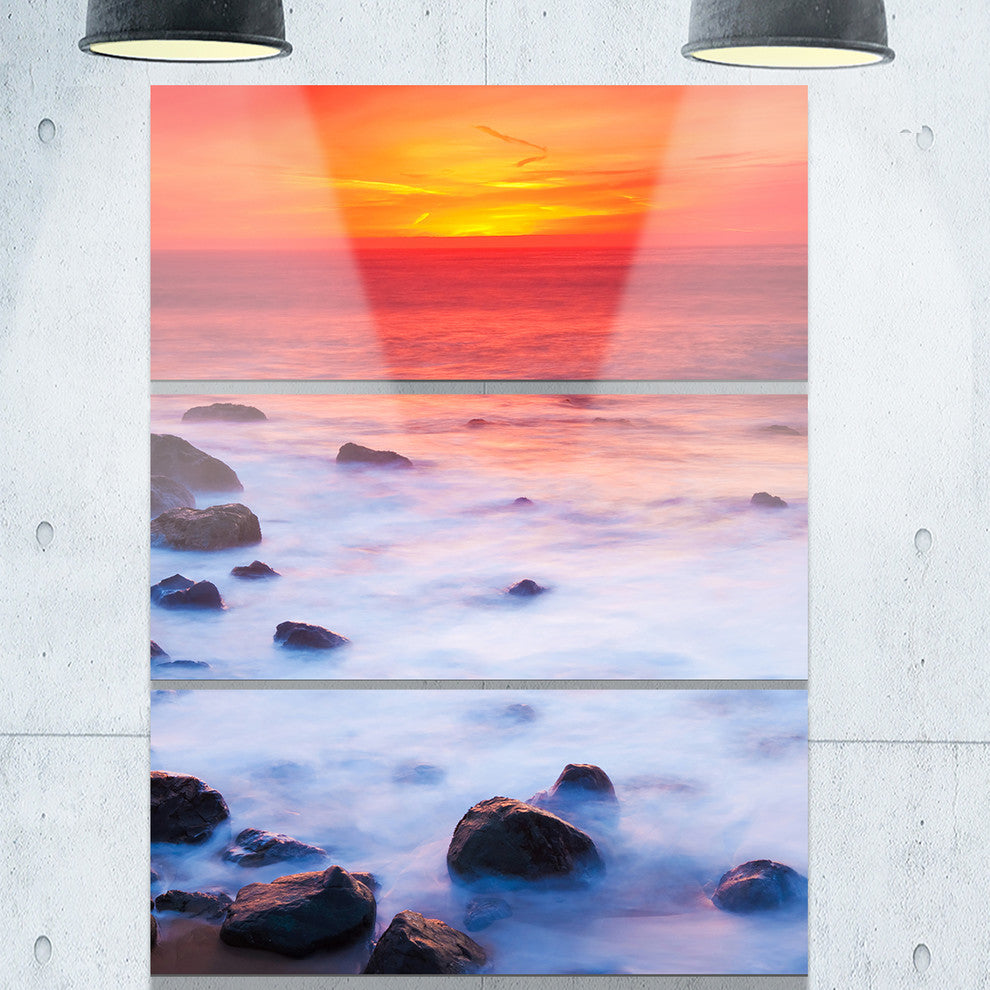 "Bright Red Rocky Coast Sunset" Metal Wall Art, 3 Panels, 28"x36"