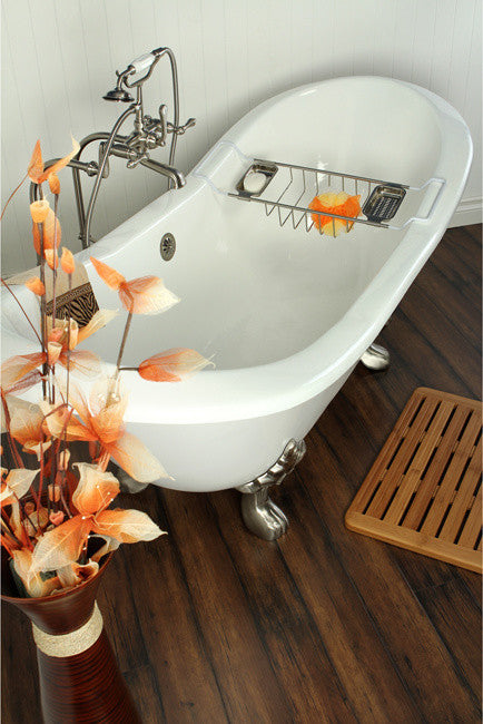 72" Double Slipper Clawfoot Tub No Faucet Drillings, White/Brushed Nickel