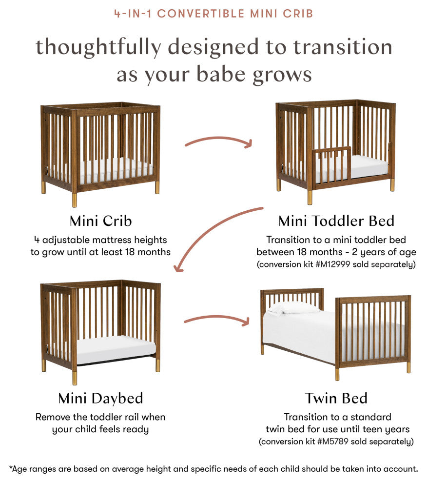 Gelato 4-in-1 Convertible Mini Crib, Natural Walnut & Gold Feet