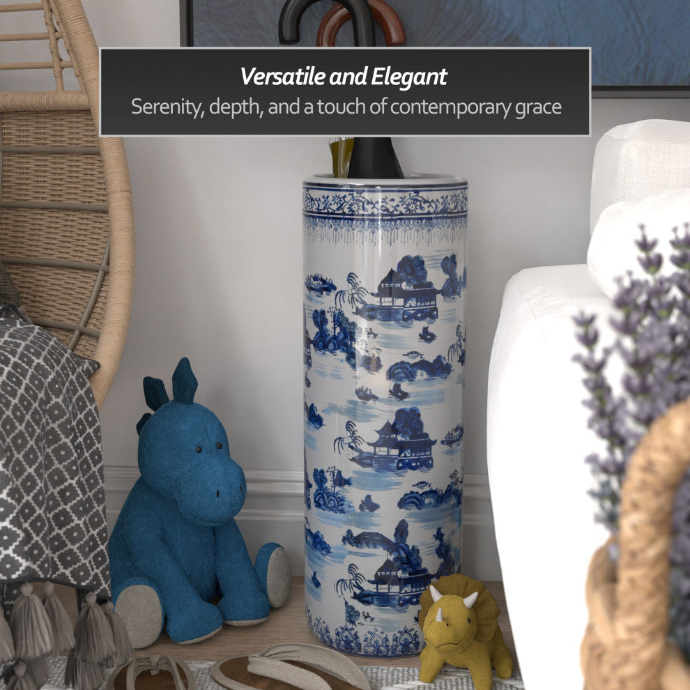 24" Landscape Blue and White Porcelain Umbrella Stand