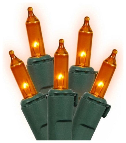Set of 100 Orange Mini Christmas Lights 5.5" Spacing, Green Wire