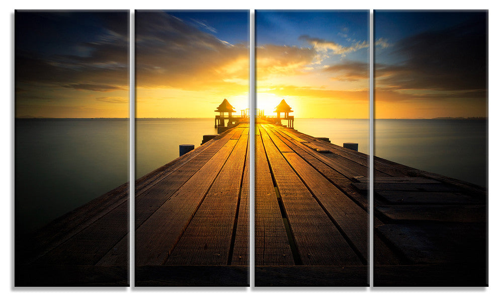 "Massive Wood Pier To Sun At Evening" Sea Pier Wall Art, 4 Panels, 48"x28"