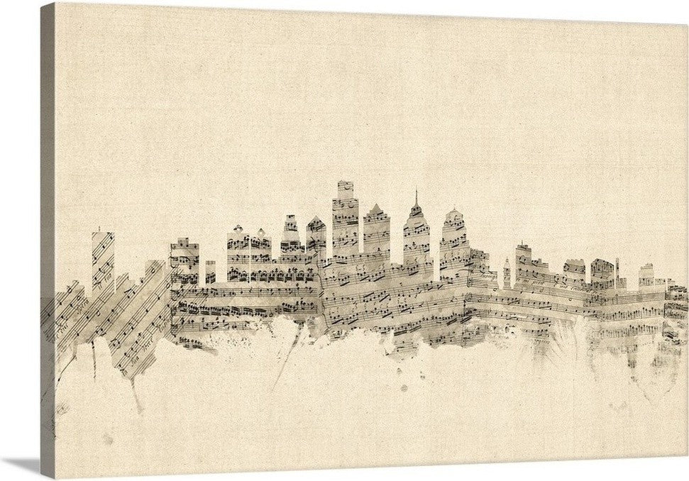 "Philadelphia Pennsylvania Skyline Sheet Music Cityscape" Canvas Art, 18"x12"