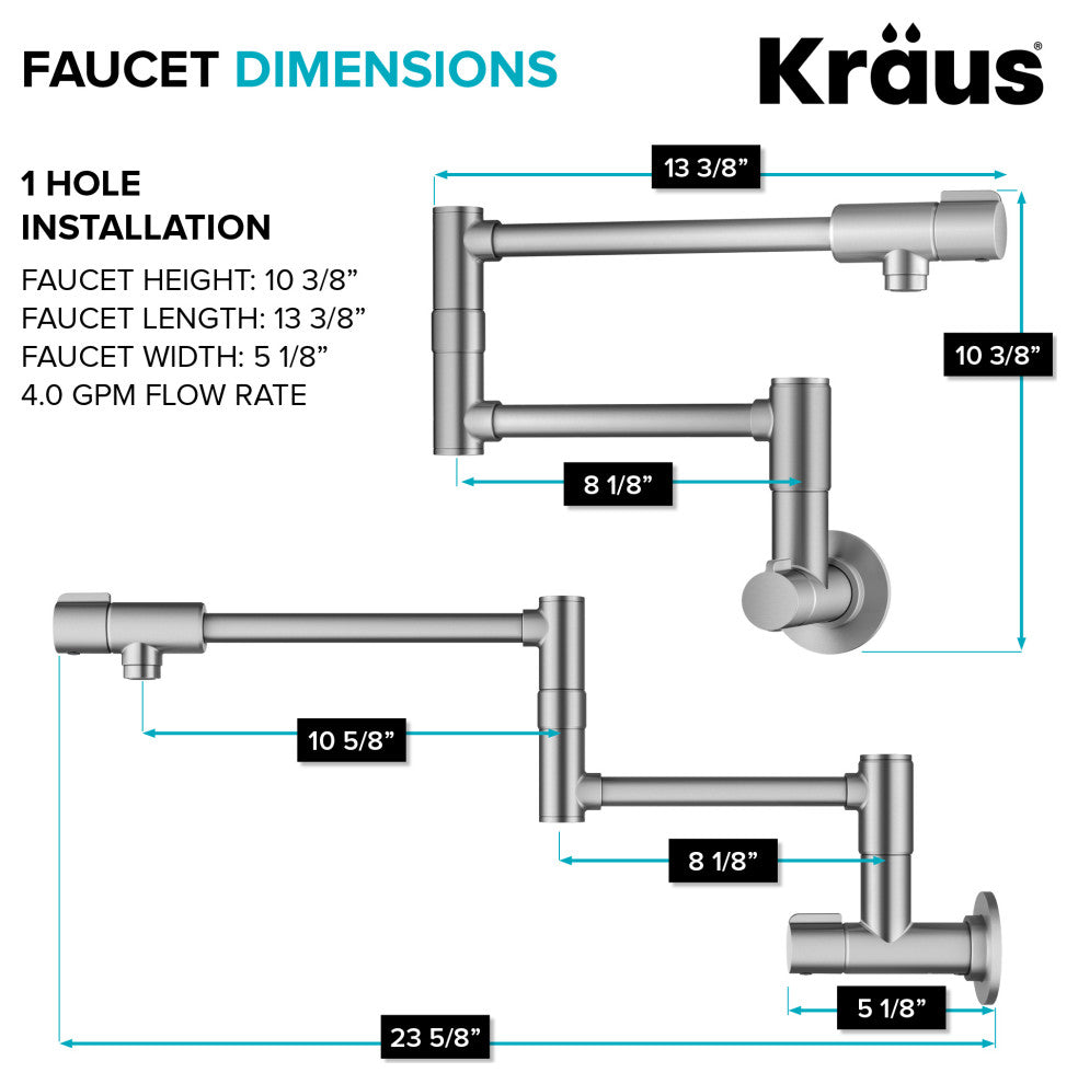 KRAUS Bolden 2 Handle Wall Mount Pot Filler Faucet, Retractable Arm, SFS