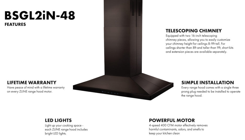 ZLINE 48" Convertible Vent Island Mount Range Hood in Black Stainless Steel