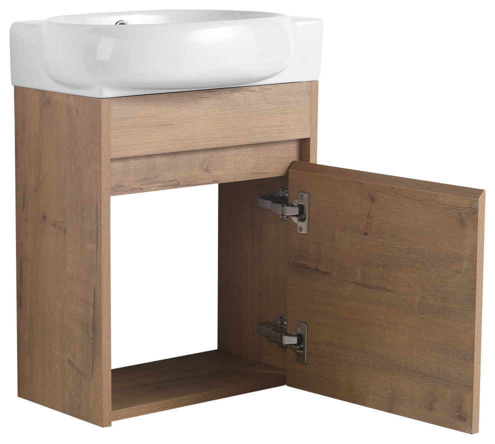Small Wall-Mounted Plywood Bath Vanity, Imitative Oak, Ceramic Sink