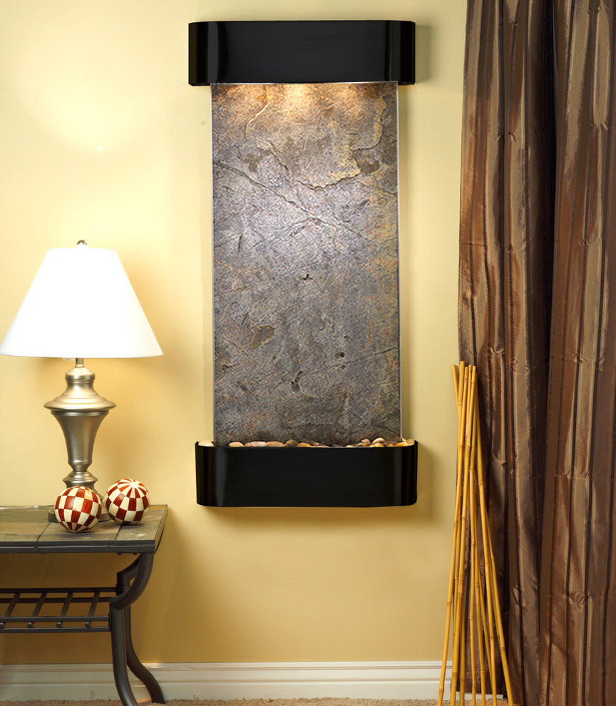 Cascade Springs Water Fountain, Green Featherstone, Blackened Copper, Round