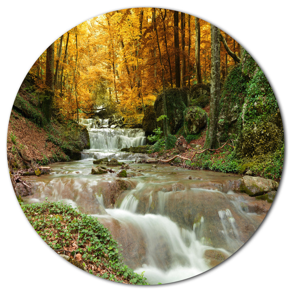 Forest Waterfall With Yellow Trees, Landscape Disc Metal Wall Art, 23"