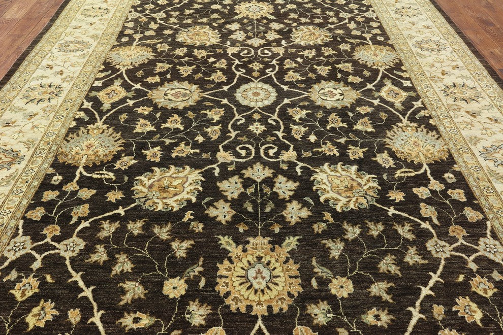 Oushak Style Brown Hand-Knotted Peshawar Chobi Wool Rug, 9'x12'