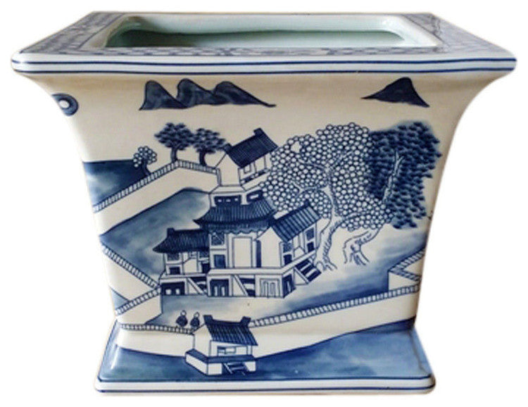 Set of 2 Blue and White Blue Willow Square Porcelain Flower Pots 6"