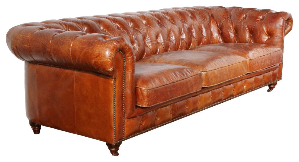 Paris Club Top Grain Leather Chesterfield Tufted Sofa, Brown