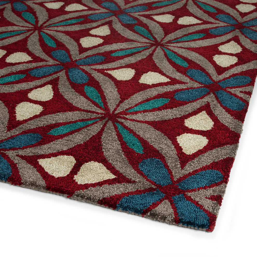 Peranakan Tile Collection Red 2' x 3' Rectangle Indoor-Outdoor Throw Rug