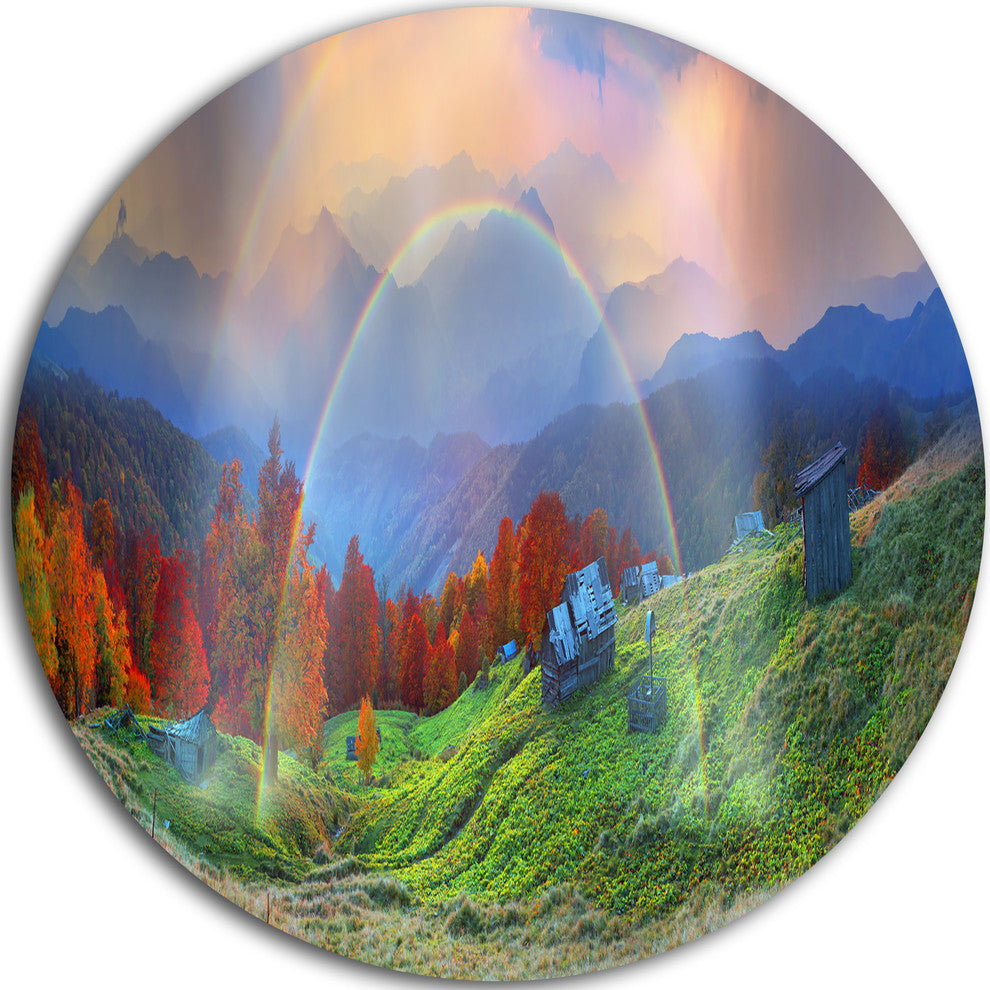 Huts Over Autumn Mountains, Landscape Photo Disc Metal Wall Art, 38"