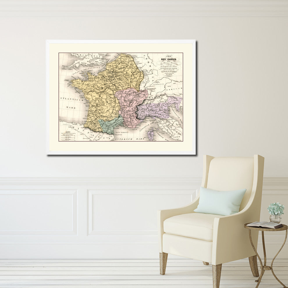 France Old Map Print On Canvas With Picture Frame Art Collection 16" X 21"