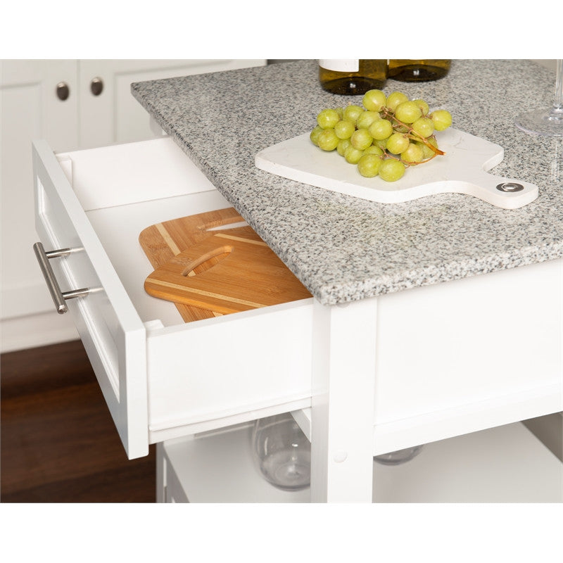 Linon Mitchell Wood Granite Top Rolling Kitchen Cart Ample Storage in White