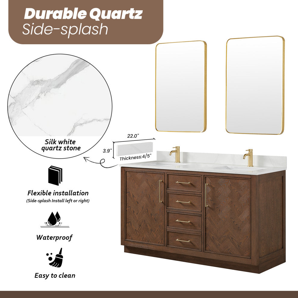 Jakarta Bath Vanity, Quartz Top No Mirror, Dark Brown Oak, 60", Double Vanity