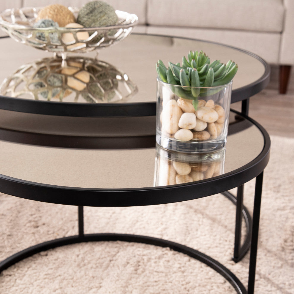 Donabbey Round Nestng Cocktail Tables 2pc Set, Antique Mirror and Black
