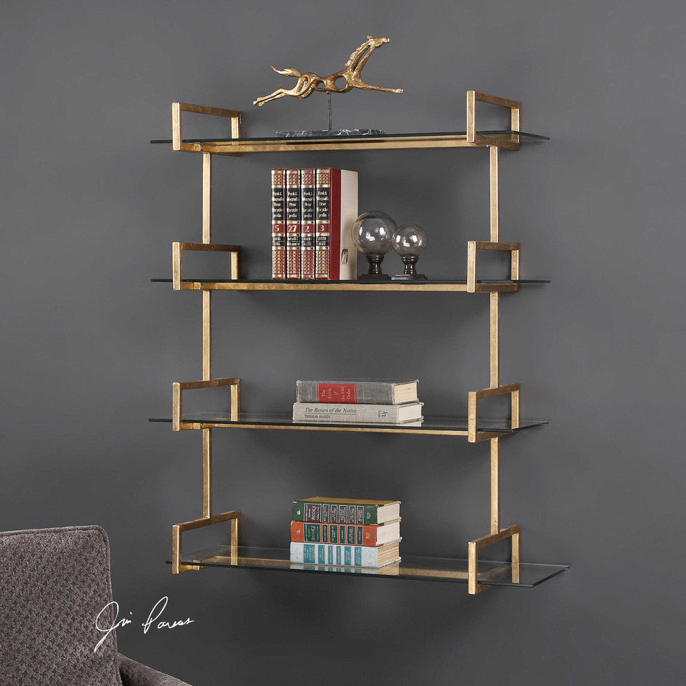 Iron Glass Wall Shelf Antiqued, Gold Metal Vintage Style 4 Shelves