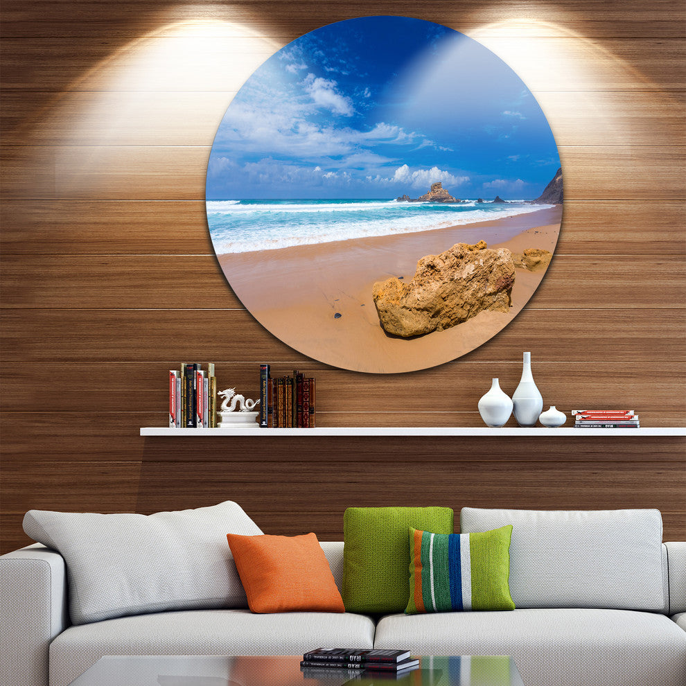 Huge Brown Rock In Atlantic Seashore, Seashore Round Wall Art, 36"