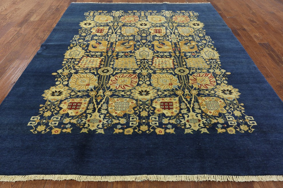Blue Oushak Style Peshawar Quality Chobi Hand-Knotted Wool Rug, 8'x10'