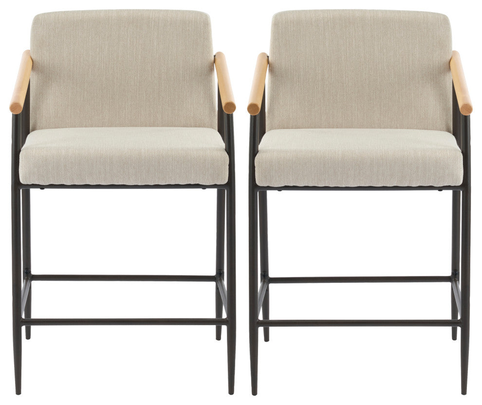 GDF Studio 26"H Mid-Century Modern Counter Stool With Iron Frame, Set of 2, Espresso/Beige