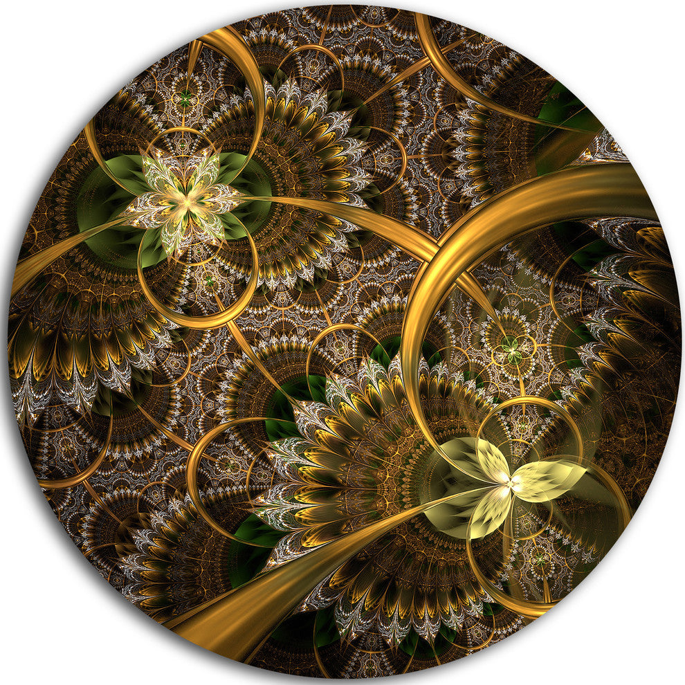 Dark Green Gold Digital Art Fractal Flower, Floral Round Wall Art, 23"