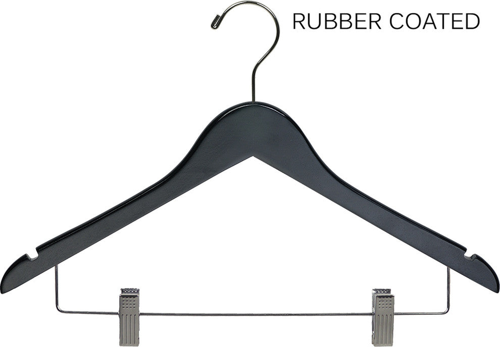 Black Rubberized Wooden Combo Hangers With Clips, Box of 25
