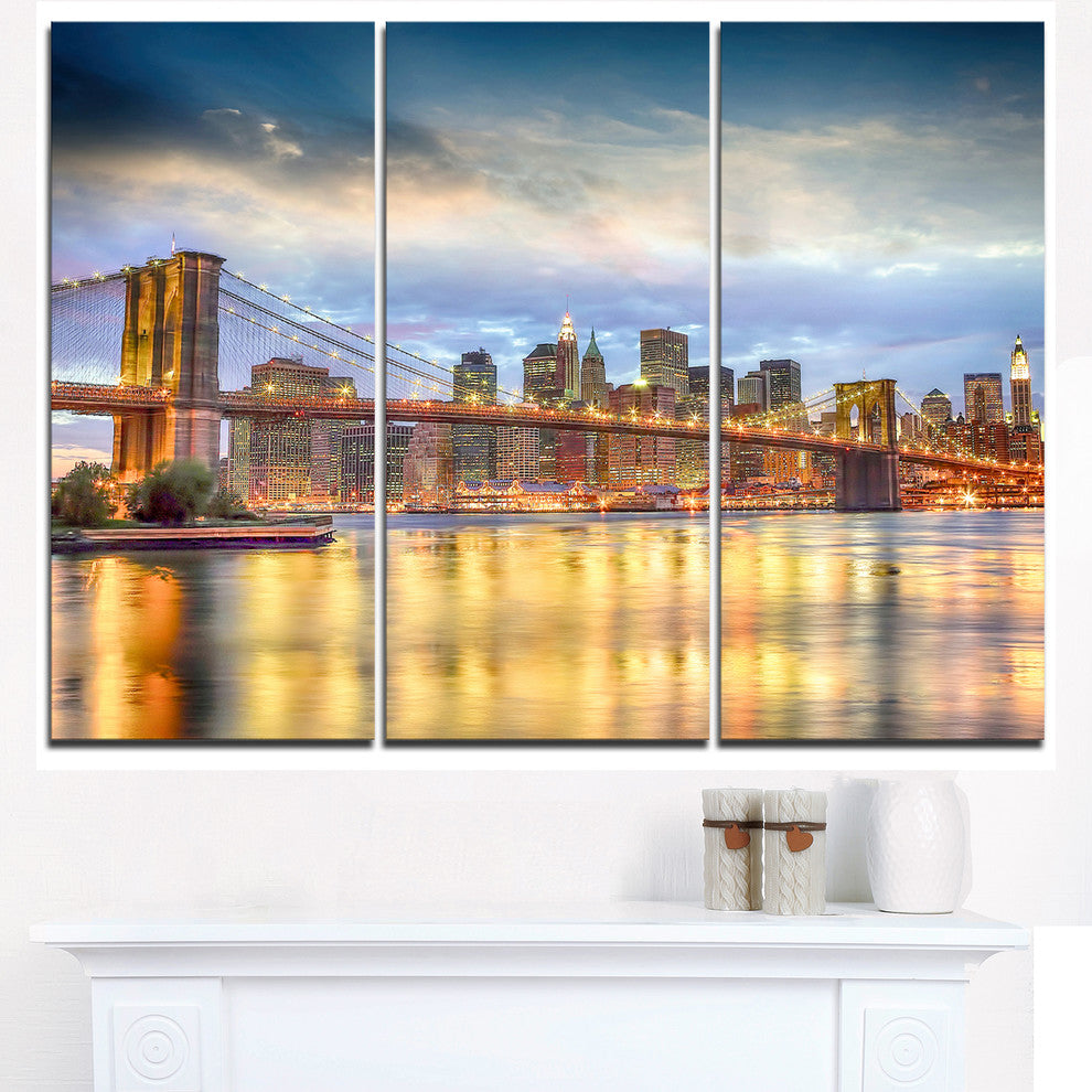 "Brooklyn Bridge With Night Illumination" Metal Wall Art, 3 Panels, 36"x28"