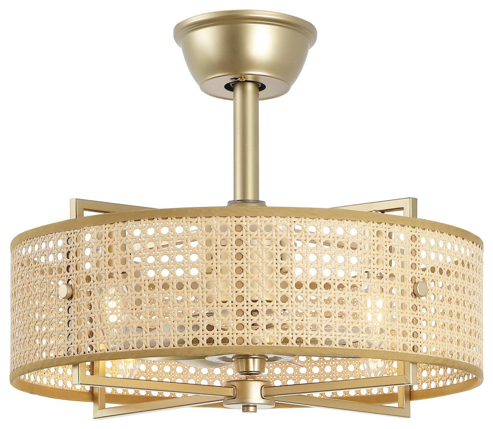 GetLedel 18" Rattan Drum Caged Ceiling Fan With Light and Remote, Gold