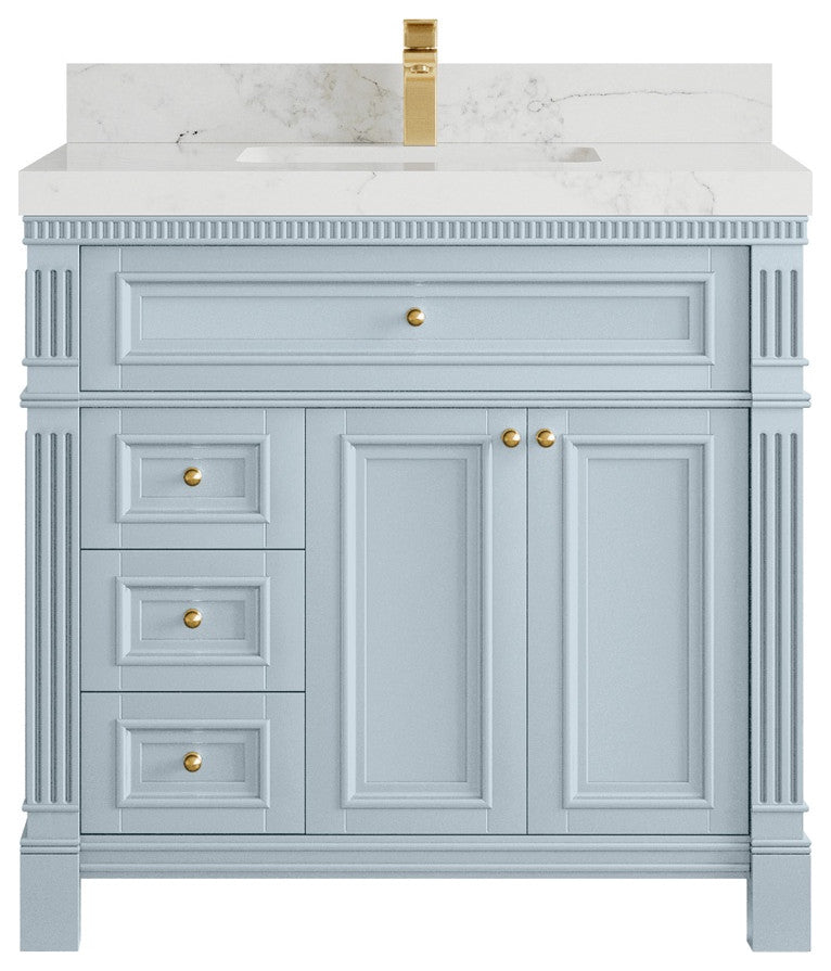 Paris 36" Center Sink Bathroom Vanity, Blue Heather 2" Calacatta Nuvo