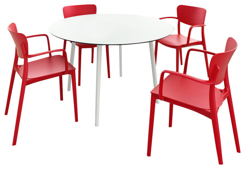 Lisa Round Dining Set With 47" White Table and Red Armcairs