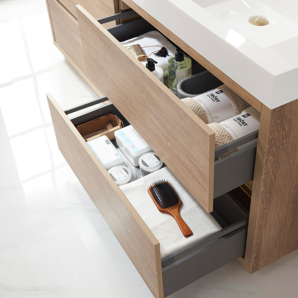 Huesca Bath Vanity, Integrated Sink Top, North American Oak, 72", Without Mirror