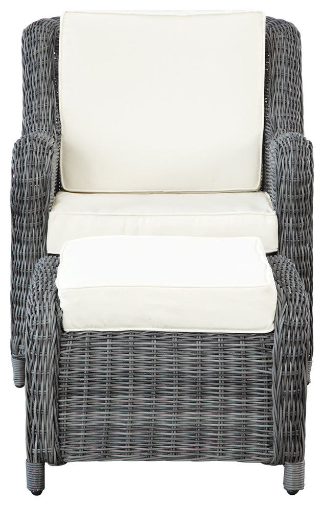 Modern Outdoor Patio Rattan and Wicker Jour Armchair and Ottoman Gray White