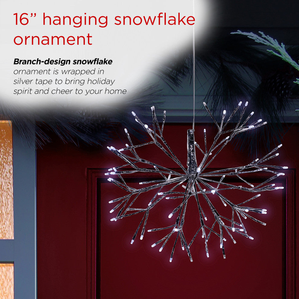 16"H Indoor Holiday 3D Snowflake Hanging Ornament with LED Lights, White