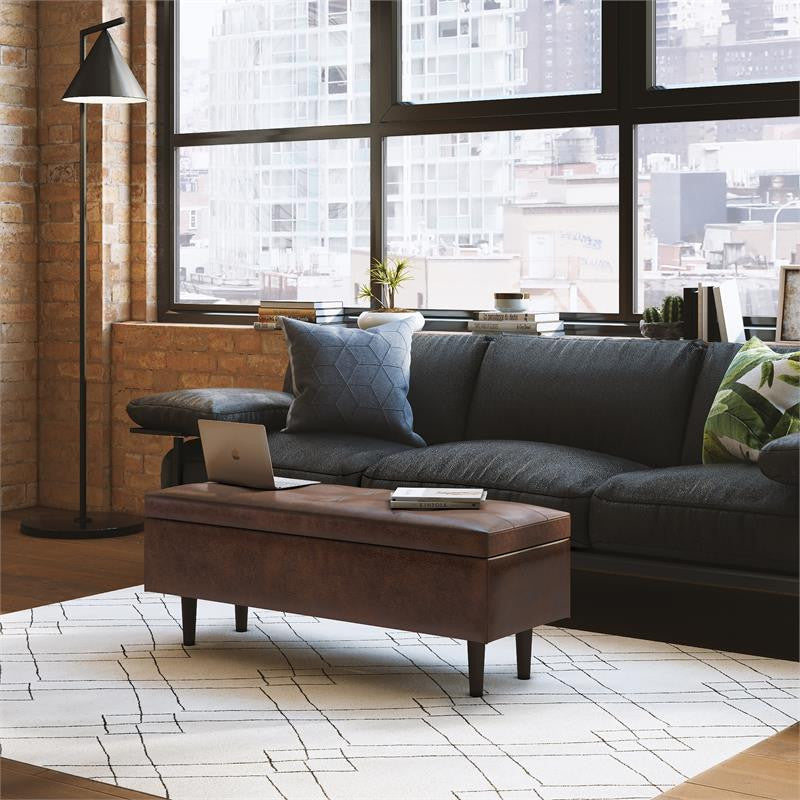 Shay Mid Century Rectangular Storage Ottoman, Distressed Chestnut Brown