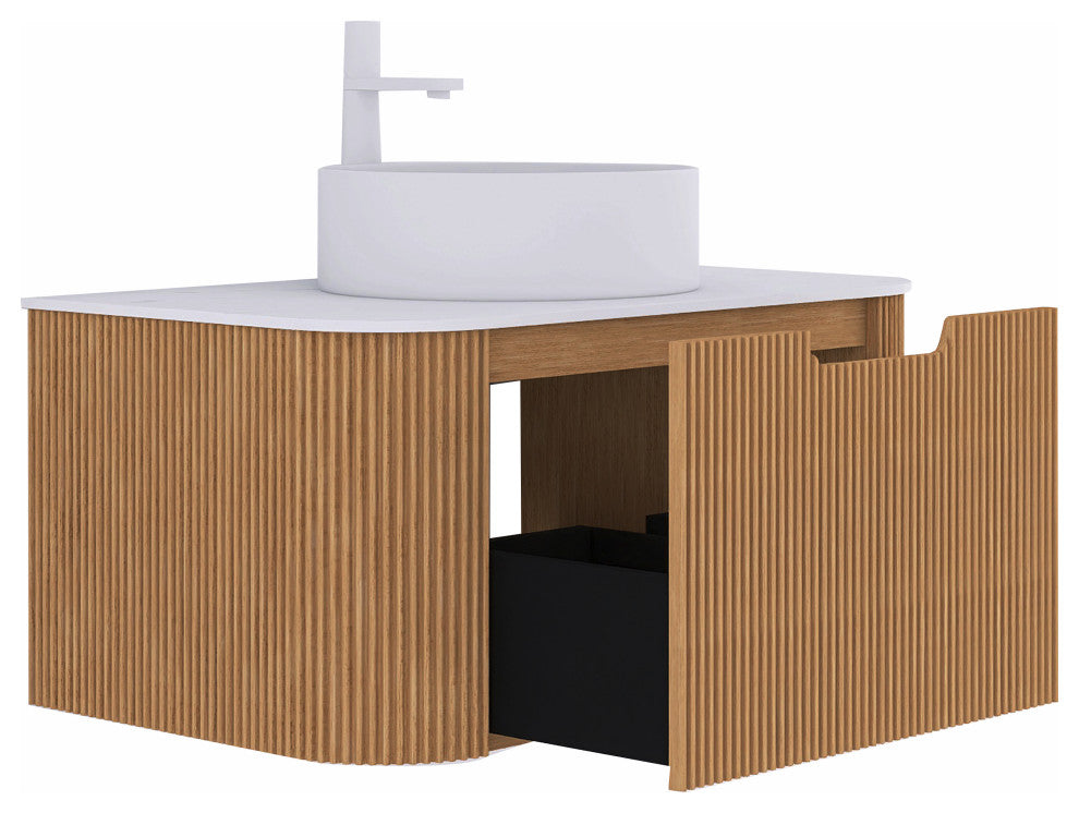 Wall-Mounted Bathroom Vanity With White Round Ceramic Basin, Natural Wood, 30"